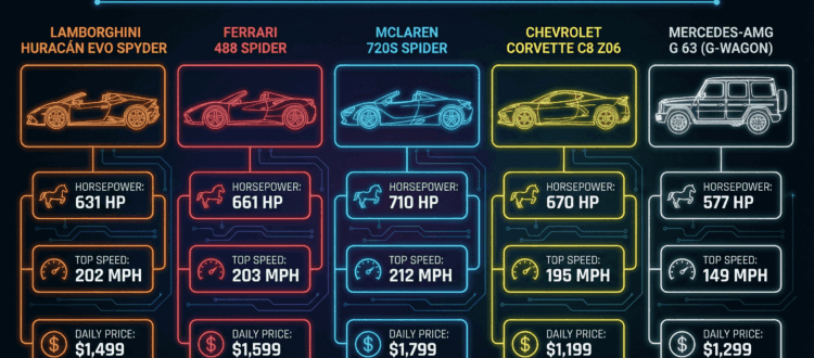 Infographic comparing horsepower, speed, and rental cost of top exotic car models.