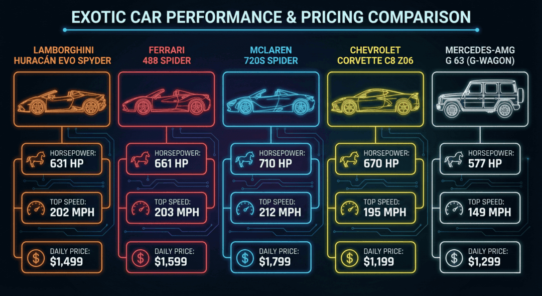 Infographic comparing horsepower, speed, and rental cost of top exotic car models.