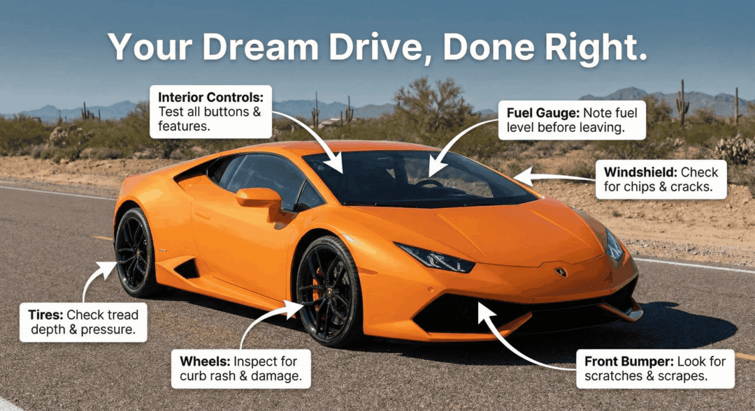 Infographic of exotic car showing key inspection points like tires, exterior panels, and interior controls.