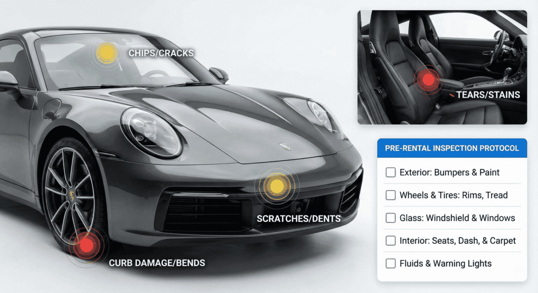 Visual showing areas to inspect on an exotic car before rental in Phoenix.