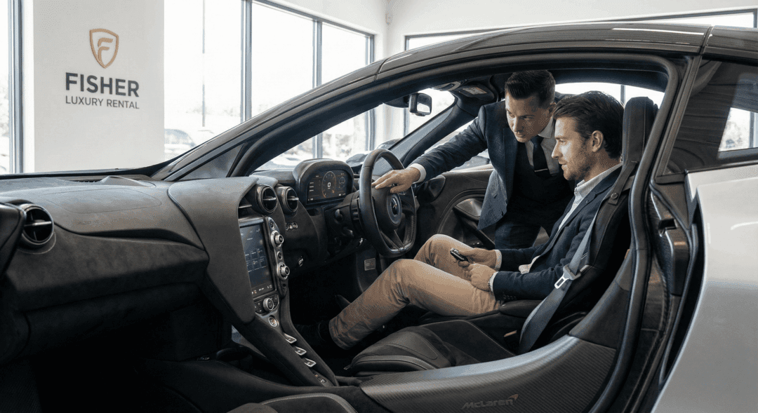 Fisher Luxury Rental staff explaining exotic car controls to a customer during pickup.