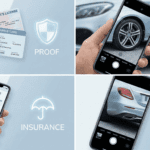 Collage of ID, insurance, and car photo inspection during exotic rental process