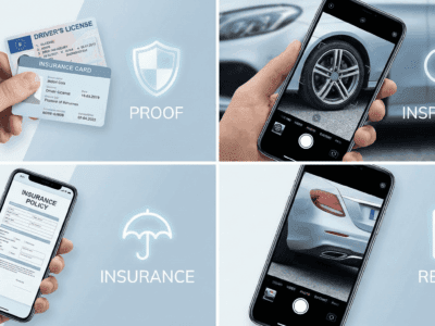 Collage of ID, insurance, and car photo inspection during exotic rental process