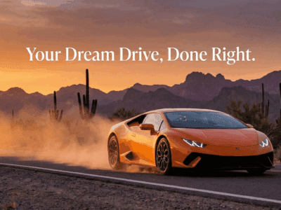 Exotic car driving through the Phoenix desert at sunset with scenic background.