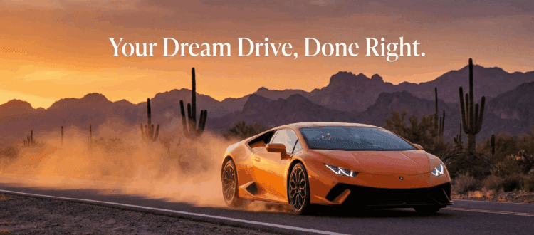 Exotic car driving through the Phoenix desert at sunset with scenic background.