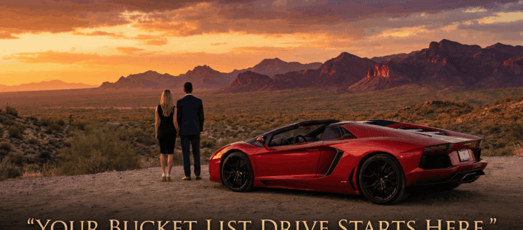 Exotic car parked at sunset in the Phoenix desert with a driver looking out at the horizon.