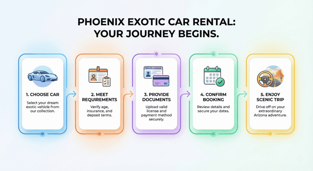Visual guide showing steps to rent an exotic car in Phoenix, from selection to driving.