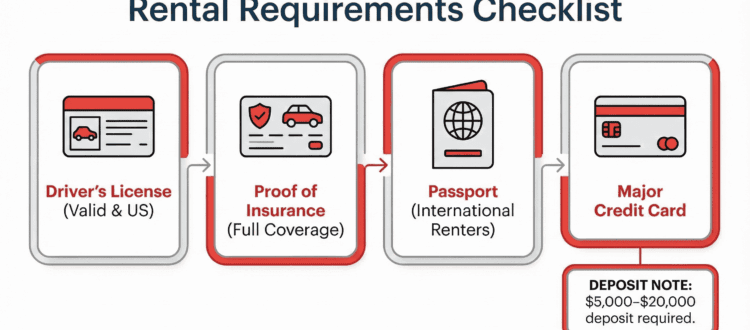 Icons showing required documents to rent an exotic car in Phoenix.