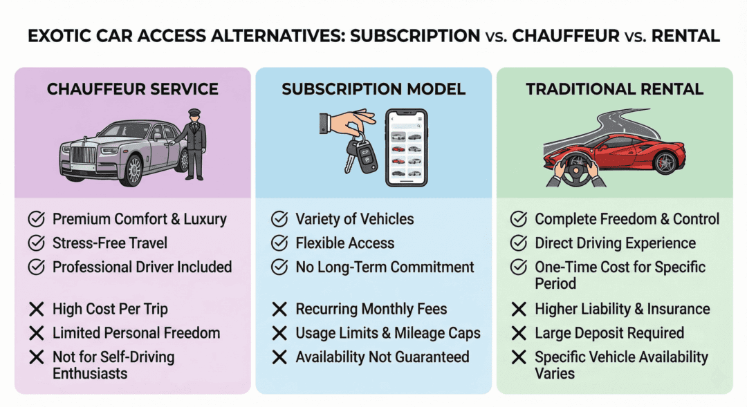 Visual comparison of exotic car rental alternatives including chauffeur and subscription services.