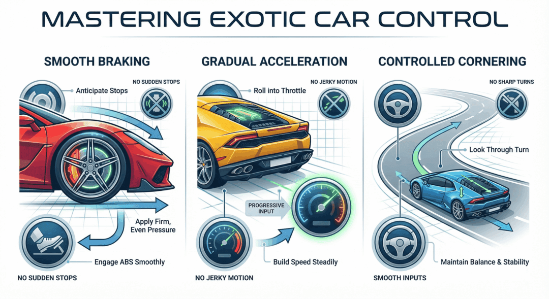 Illustration of safe driving techniques for handling high-performance exotic cars.