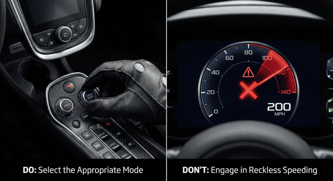 Split image showing proper drive mode use versus reckless speeding in exotic car