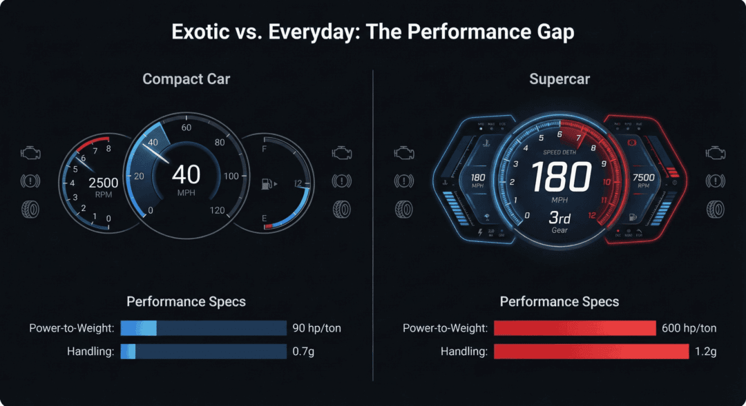 Comparison infographic showing performance and handling differences between exotic and regular cars.
