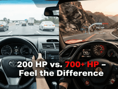 Side-by-side view comparing a standard rental car with a Ferrari driving experience.