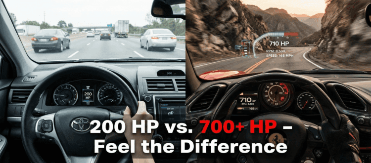 Side-by-side view comparing a standard rental car with a Ferrari driving experience.