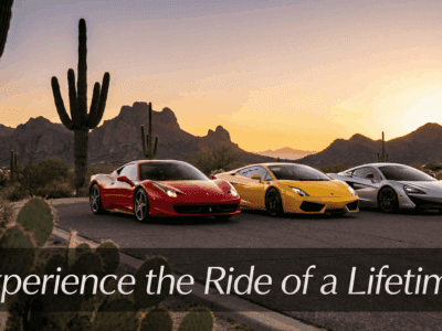 Ferrari, Lamborghini, and McLaren parked on a scenic Arizona road at sunset.