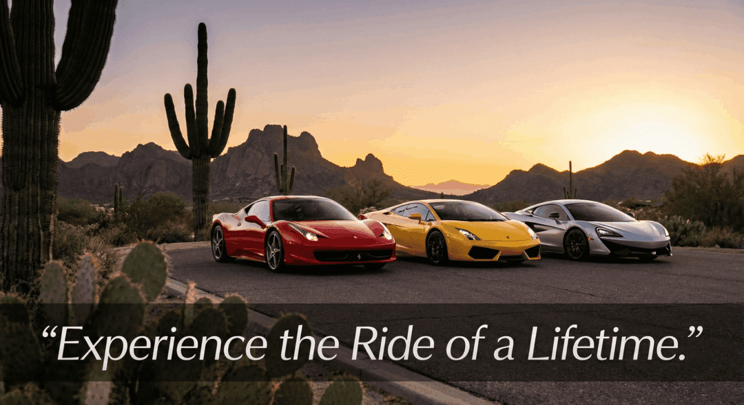 Ferrari, Lamborghini, and McLaren parked on a scenic Arizona road at sunset.