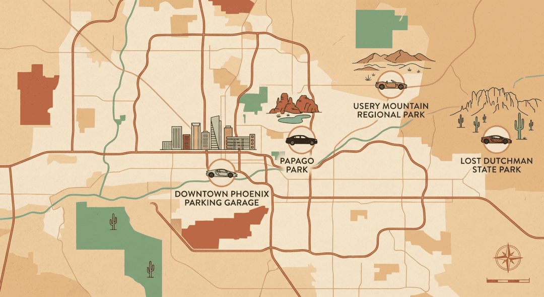 Illustrated map of Phoenix showing top exotic car photography spots with icons and landmarks.