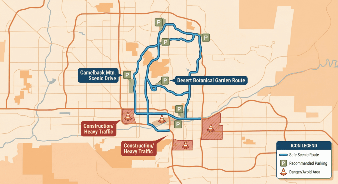 Illustrated map showing safe driving routes and exotic car parking tips in Phoenix.