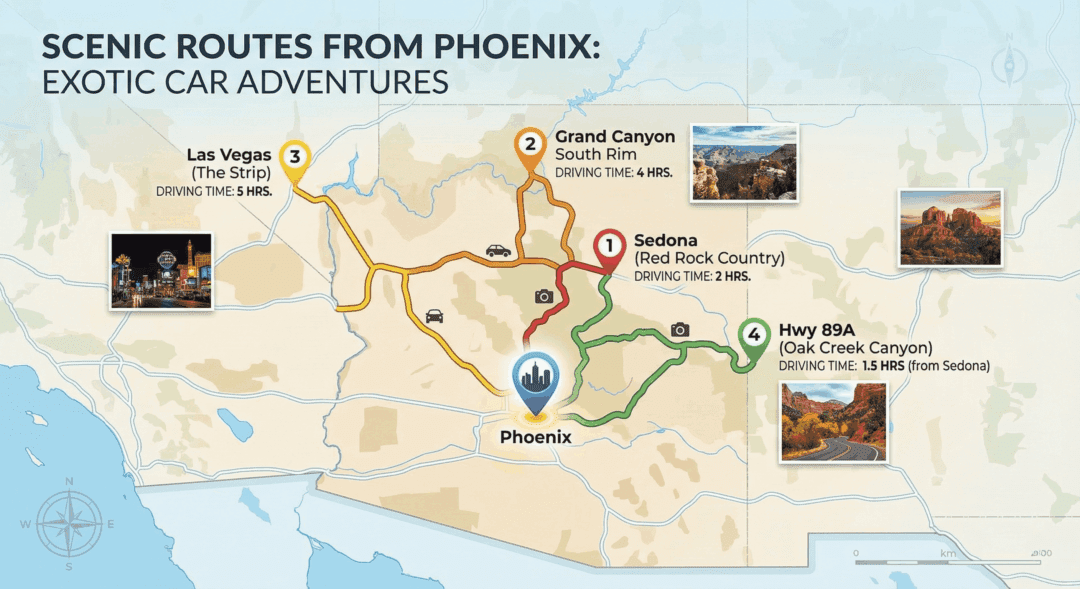 Illustrated map showing scenic driving routes from Phoenix to Sedona, Grand Canyon, and Las Vegas.