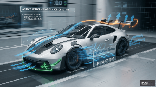 Visual showing adaptive aerodynamic components on a supercar in action.