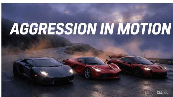 Lineup of three aggressively styled exotic cars on a foggy mountain road at dusk.