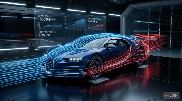 Hypercar in wind tunnel simulation showing airflow lines for aerodynamics.