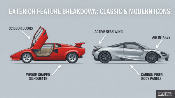 Infographic comparing key aggressive exterior features on a Lamborghini and McLaren.