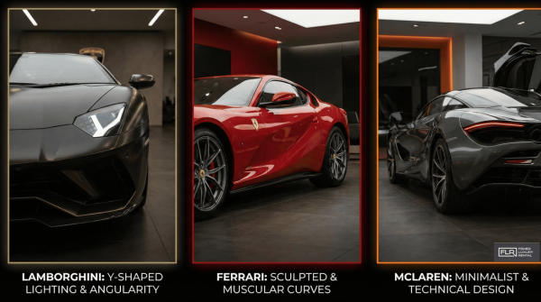 Visual comparison of aggressive design styles from Lamborghini, Ferrari, and McLaren.