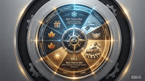 Graphic showing best months to buy and sell exotic cars based on seasonal demand.