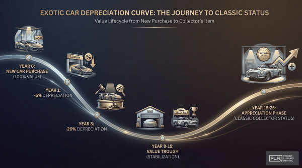 Graph showing how exotic car values decline then appreciate between years 0 and 25.