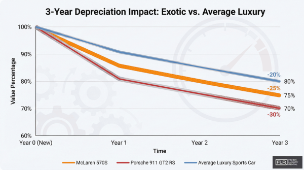 Line graph showing exotic car depreciation over three years for different models.