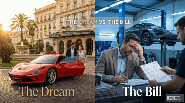Split-screen image showing luxury exotic car glamor versus repair cost stress.