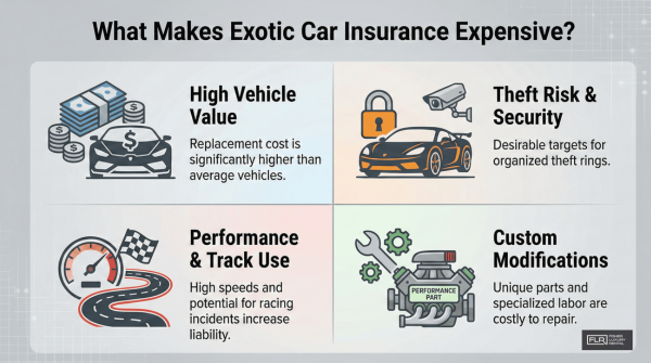 Infographic highlighting main cost factors for exotic car insurance.