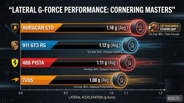 Chart comparing lateral g-forces of top exotic cars including Lamborghini Huracán STO and Ferrari 488 Pista.