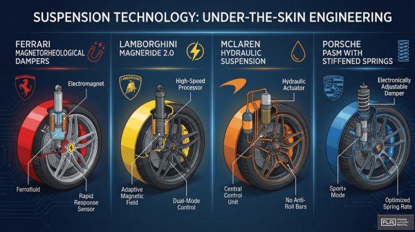 Comparison of advanced suspension systems from Ferrari, Lamborghini, McLaren, and Porsche.