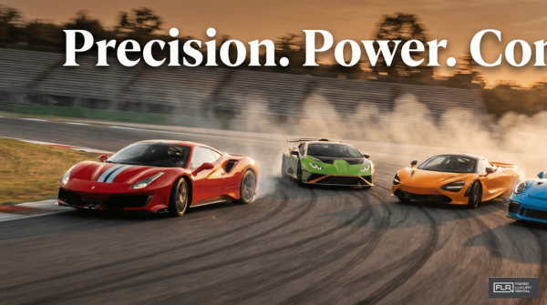 Exotic supercars racing on a track showcasing precision handling.