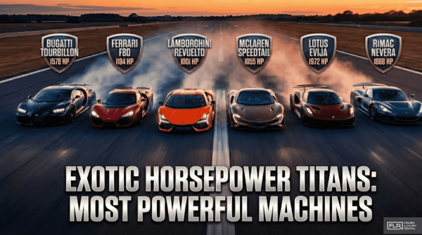 Lineup of six high-horsepower exotic cars on a racetrack, showcasing 2024's most powerful production models.