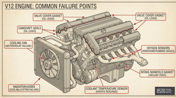 Diagram of exotic V12 engine highlighting common mechanical and cooling system failure points.