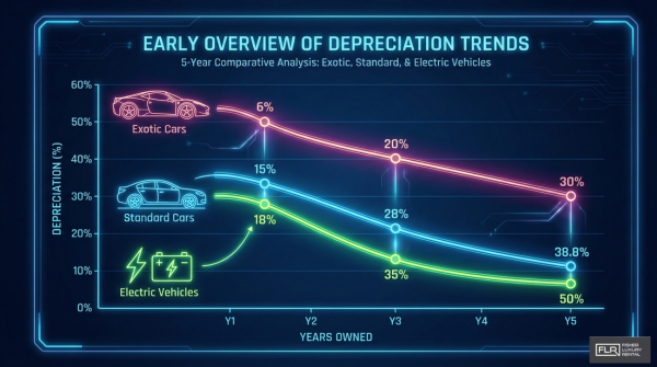 Line chart showing exotic, standard, and electric car depreciation trends over five years.