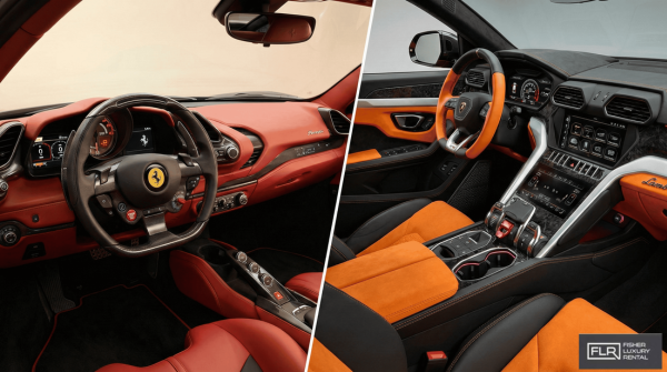 Side‑by‑side view of Ferrari and Lamborghini interior cockpits showing design differences.