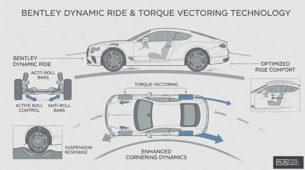 Infographic illustrating how advanced suspension and torque vectoring systems improve comfort and handling in a grand tourer.