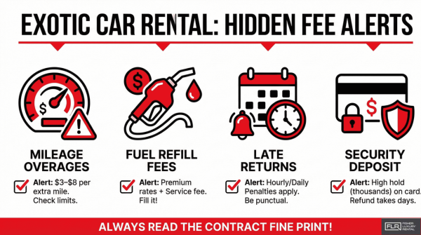Checklist graphic showing common hidden fees in exotic car rentals with matching icons for mileage, fuel, late returns, and deposits.