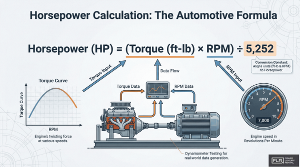 Infographic showing how horsepower is calculated using torque and RPM in automotive engineering.