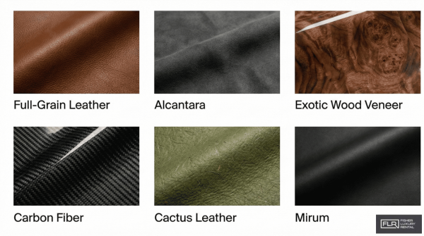 Collage showing leather, Alcantara, exotic woods, carbon fiber, and sustainable interior materials.