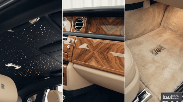 Close‑up images of Rolls‑Royce Starlight Headliner, bookmatched wood veneer, and lambswool floor mats.