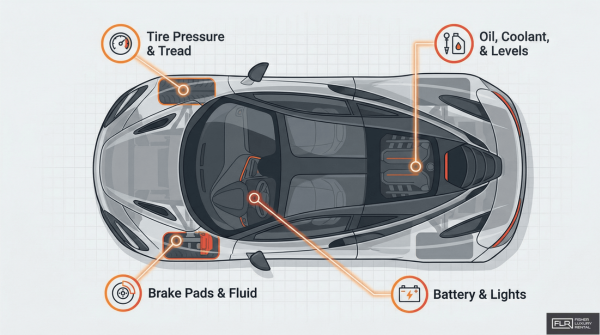 Illustrated diagram of supercar pre-drive inspection points including tires, brakes, and fluid levels.