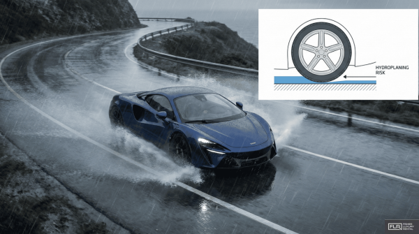 Supercar driving on a wet road with water spray and a small inset showing tire hydroplaning diagram.