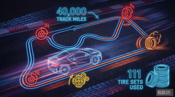 Diagram showing how high-stress track driving impacts V12 car components like tires and clutch.