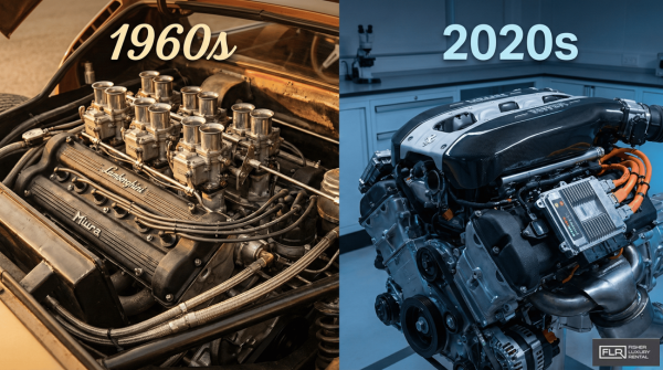 Side-by-side image comparing a vintage V12 engine with a modern hybrid V12 showing technological differences.
