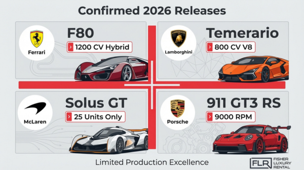 Confirmed 2026 supercar releases including Ferrari F80 hybrid, Lamborghini Temerario, McLaren Solus GT, and Porsche 911 GT3 RS specs